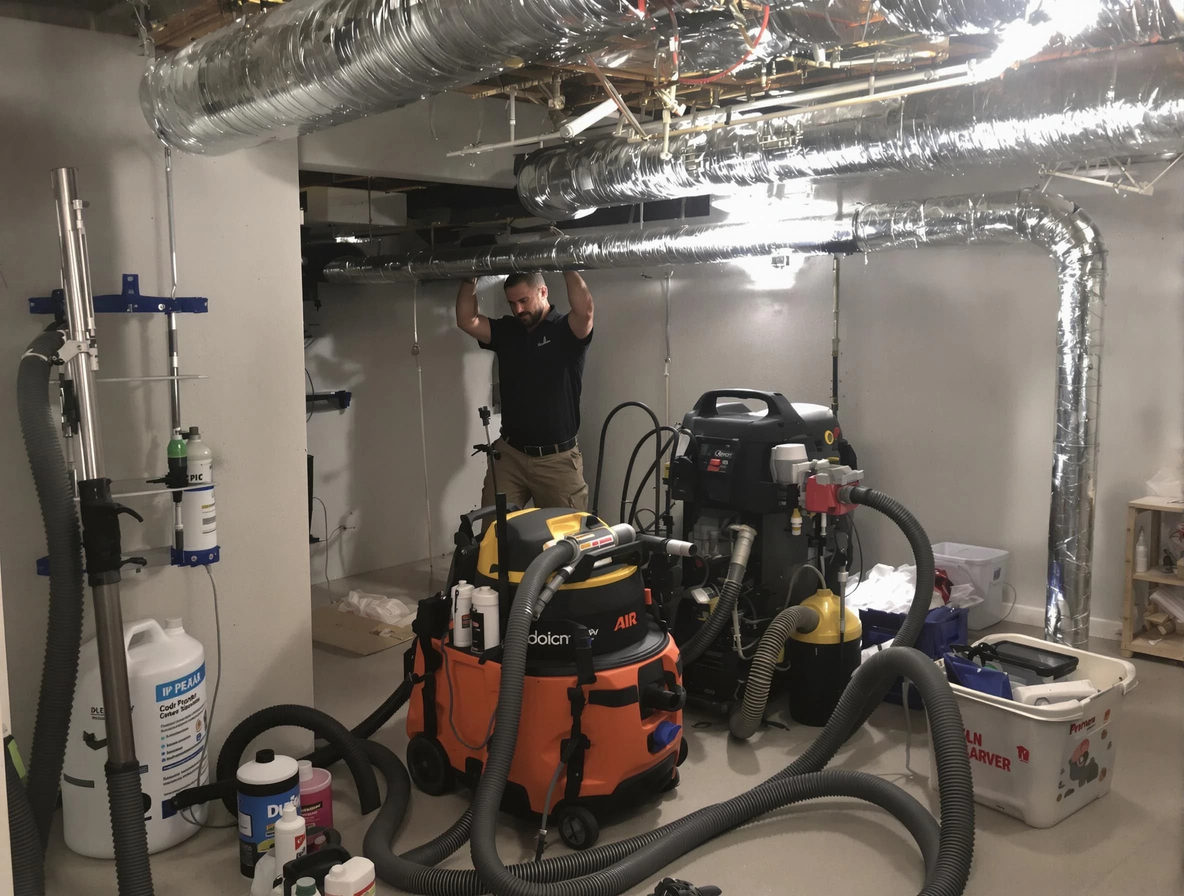 Mansfield Air Duct Cleaning specialist performing professional mold removal from air ducts using safety equipment in Mansfield
