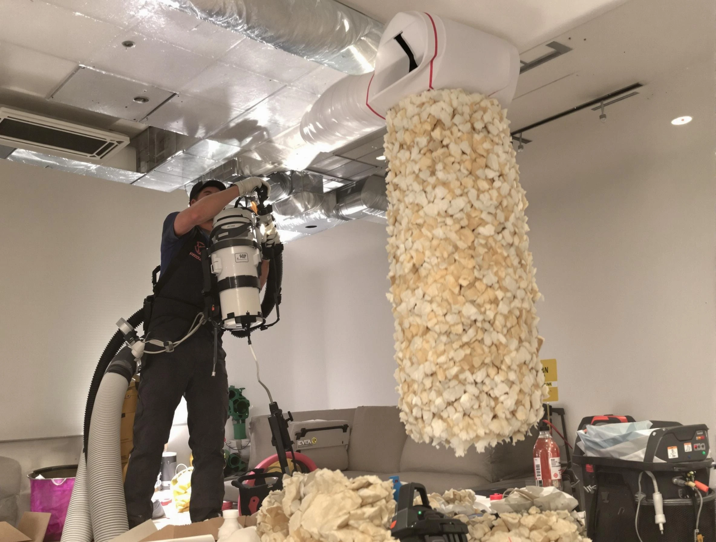 Mansfield Air Duct Cleaning technician performing precision vacuum insulation removal in a residential property in Mansfield